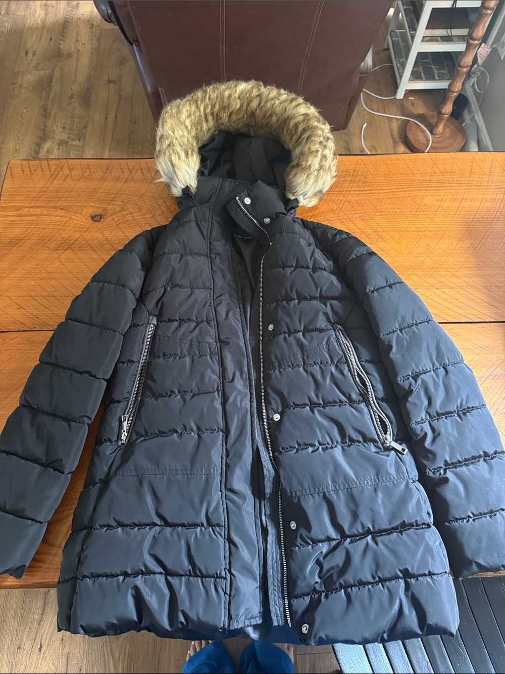 INC International Concepts Black Puffer Coat with Faux Fur Hood Trim